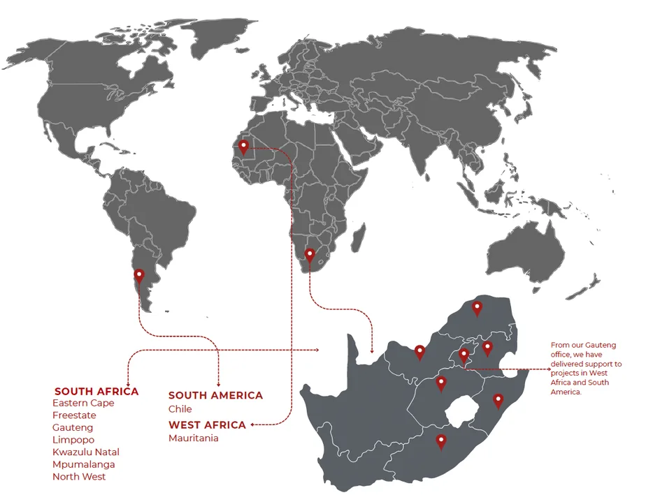 World map marking Kini Consulting projects in South Africa, Mauritania in West Africa and Chile in South America, with an inset of South Africa marking seven provinces