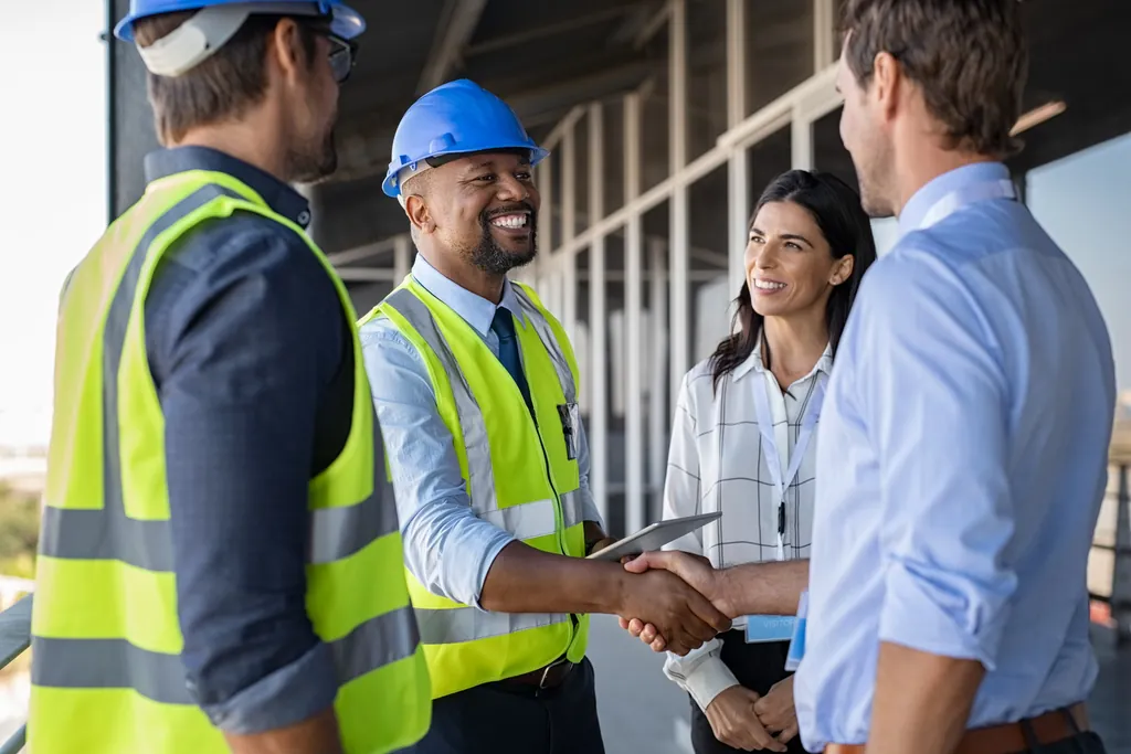 Project team members in hard hats and high-visibility vests shaking hands on site